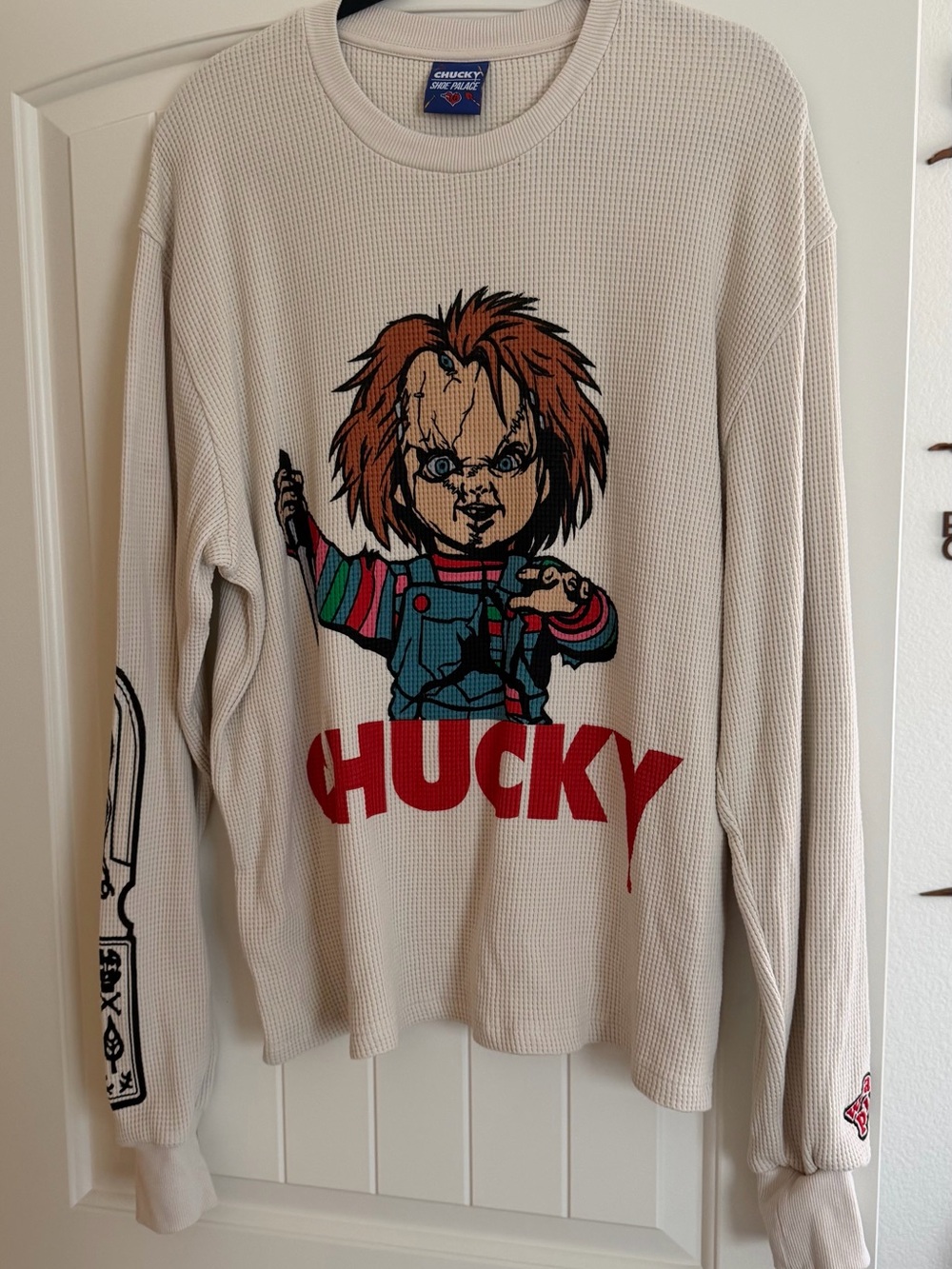 Chucky Graphic Waffle Knit Sweatshirt - Cream with Red & Multicolor Print